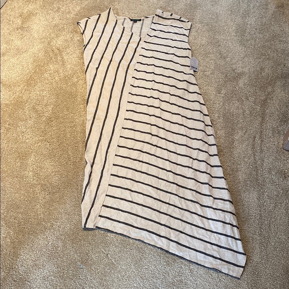 For Cynthia Linen Blend V Neck Cap Sleeve Asymmetrical Tan Black Stripe Dress S